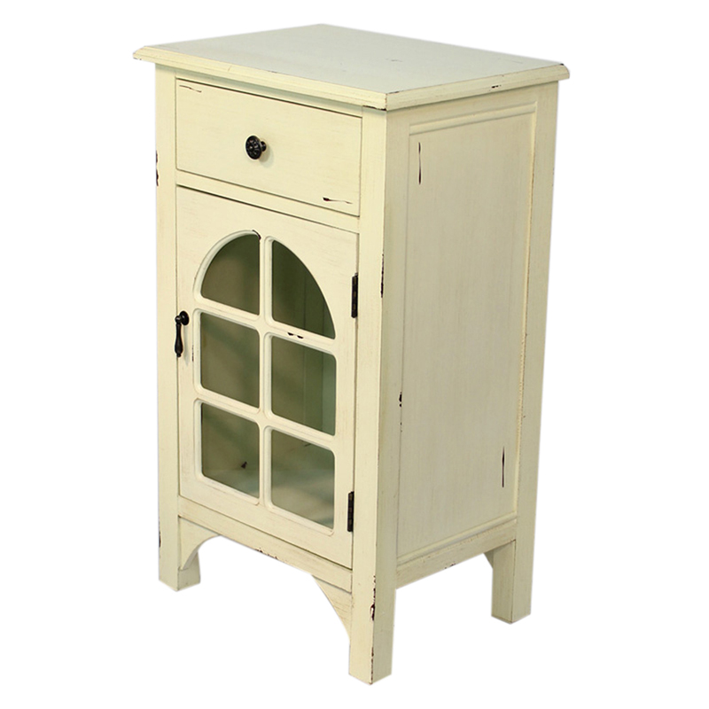 18" X 13" X 30" Antique White MDF Wood Clear Glass Accent Cabinet with a Drawer and Front Arch Door
