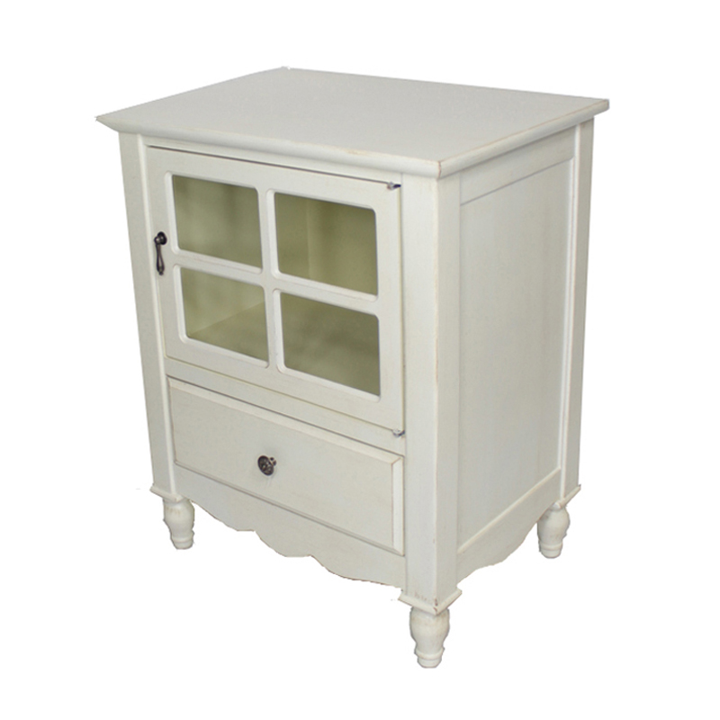 22.5" X 16" X 28" Antique White MDF Wood Clear Glass Cabinet with a Drawer and a Door