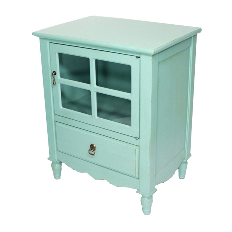22.5" X 16" X 28" Turquoise MDF Wood Clear Glass Accent Cabinet with a Drawer and Door and Paned Inserts