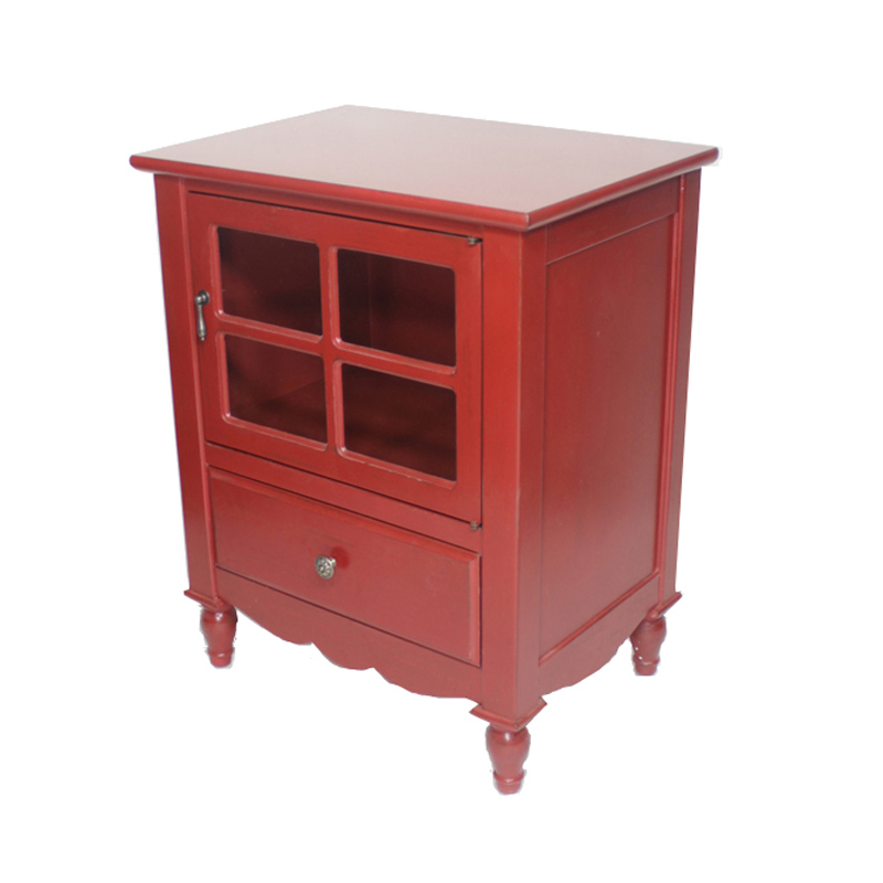 22.5" X 16" X 28" Red MDF Wood Clear Glass Accent Cabinet with a Drawer and Door and Paned Inserts