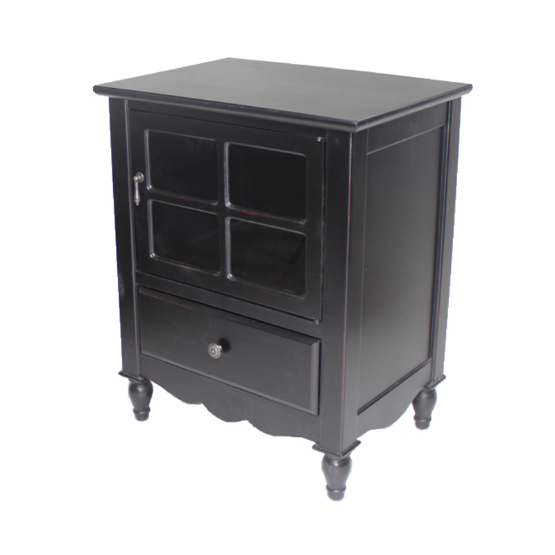 22.5" X 16" X 28" Black MDF Wood Clear Glass Accent Cabinet with a Drawer and Door and Paned Inserts
