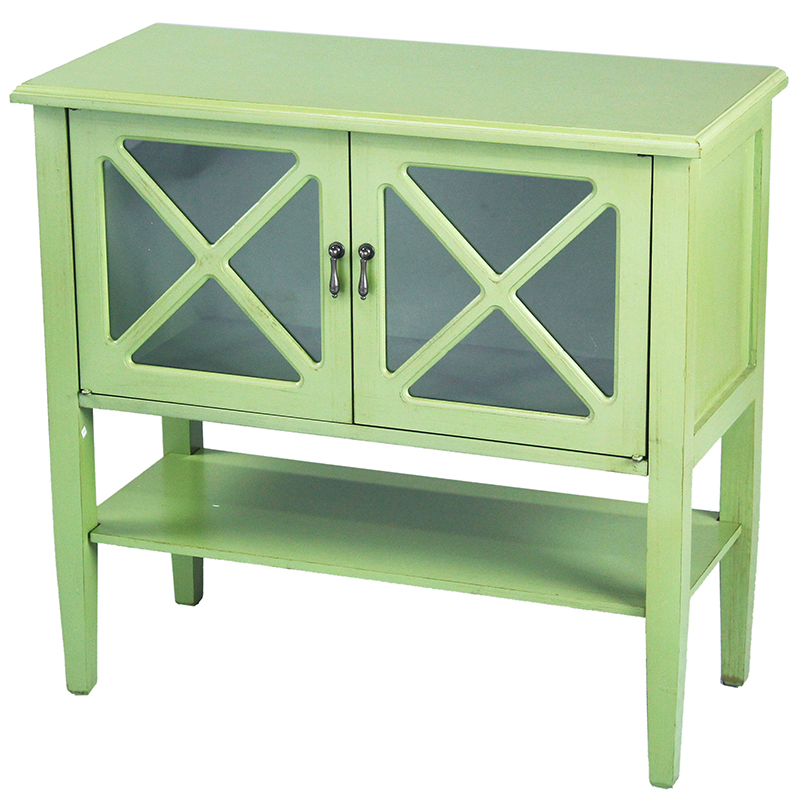 32" X 14" X 30" Apple Green MDF Wood Clear Glass Console Cabinet with Doors and a Shelf