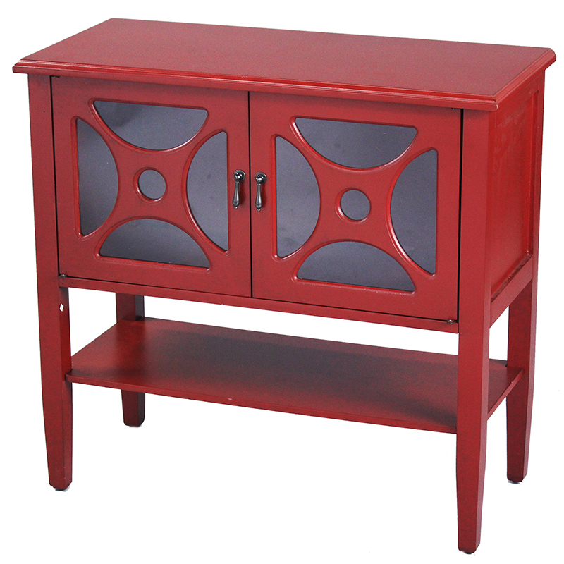 32" X 14" X 30" Red MDF Wood Clear Glass Console Cabinet with Doorsa Shelf and Link Inserts