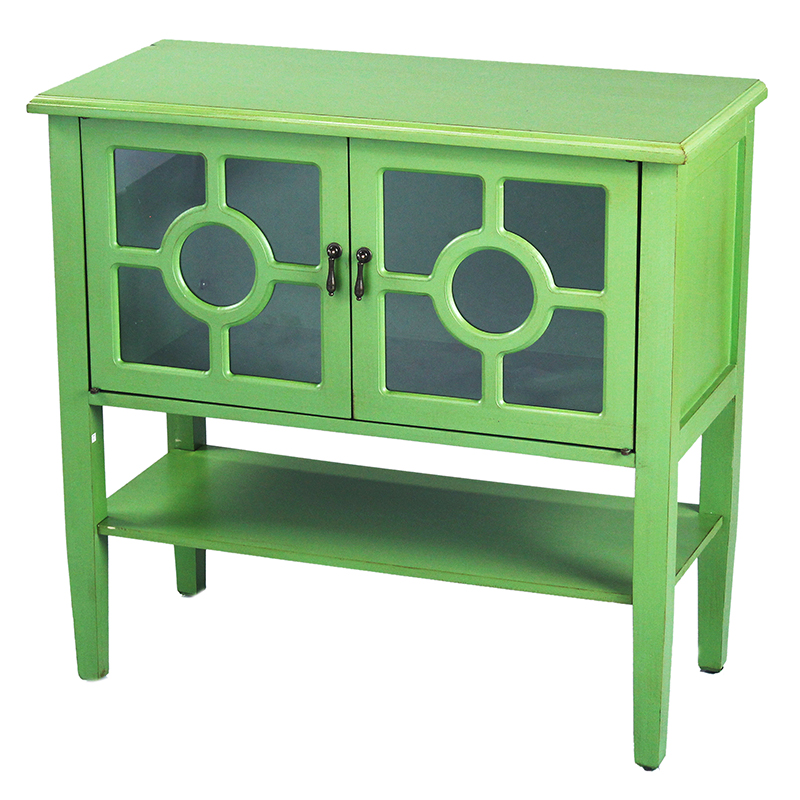 32" X 14" X 30" Green MDF Wood Clear Glass Console Cabinet with Doors and Shelf and Lattice Inserts