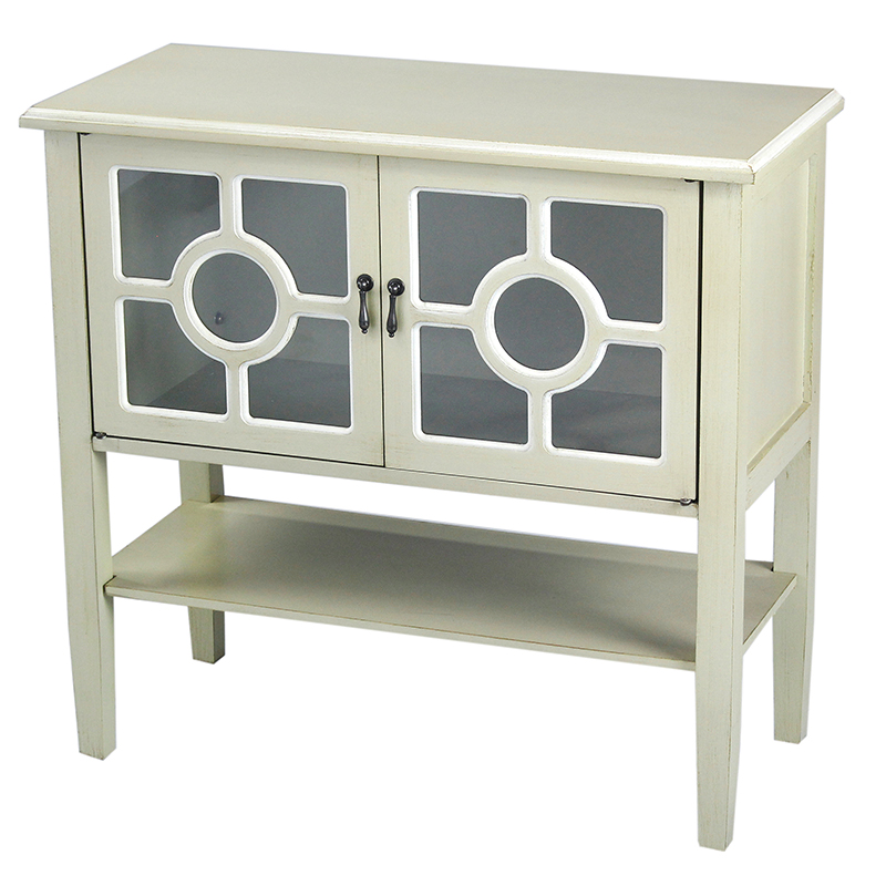 32" X 14" X 30" Beige MDF Wood Clear Glass Console Cabinet with Doors and Shelf and Lattice Inserts