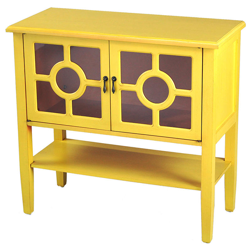 32" X 14" X 30" Yellow MDF Wood Clear Glass Console Cabinet with Doors and Shelf and Lattice Inserts