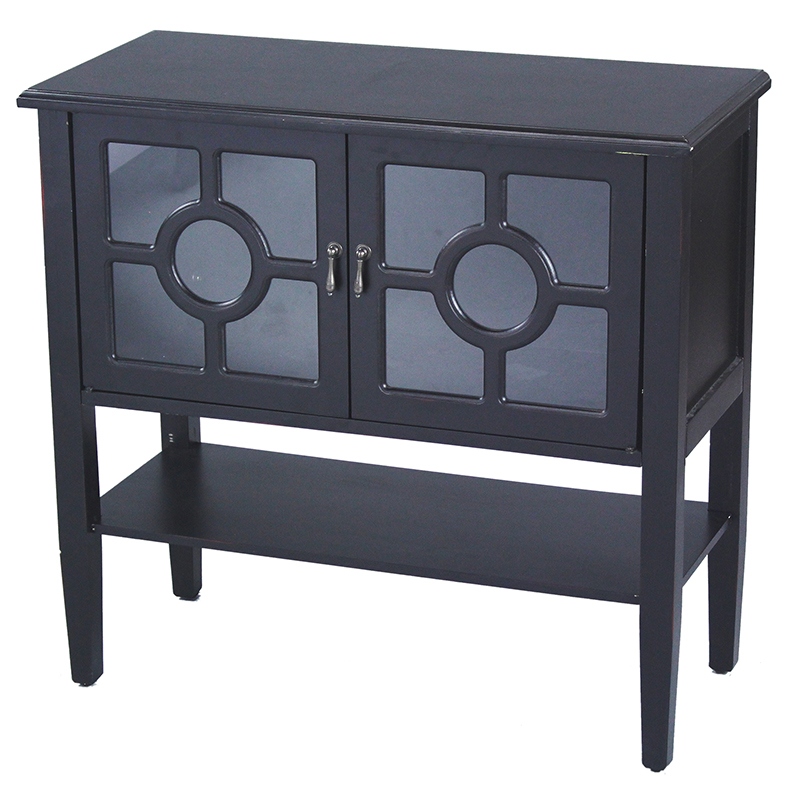 32" X 14" X 30" Black MDF Wood Clear Glass Console Cabinet with Doors and Shelf and Lattice Inserts