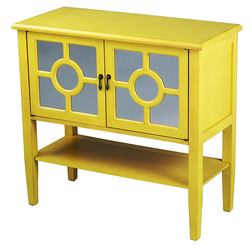 32" X 14" X 30" Yellow MDF Wood Mirrored Glass Console Cabinet with Doors and a Shelf