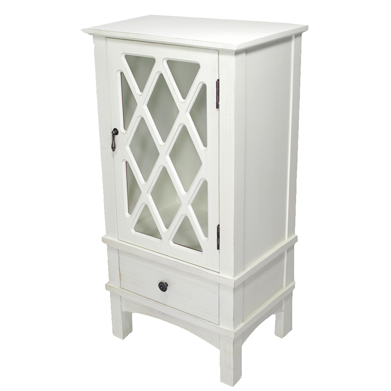 18" X 13" X 36" Antique White MDF Wood Clear Glass Accent Cabinet with a Door and a Drawer