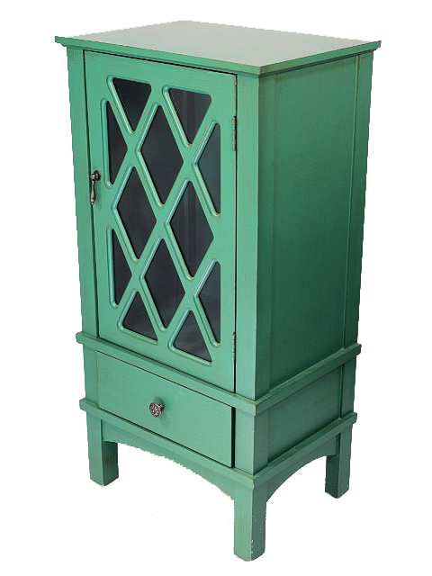 18" X 13" X 36" Dark Celadon MDF Wood Clear Glass Accent Cabinet with a Door and a Drawer