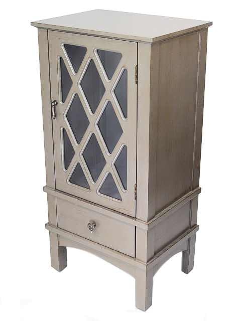 18" X 13" X 36" Gray MDF Wood Clear Glass Accent Cabinet with a Door and Drawer and Lattice Inserts