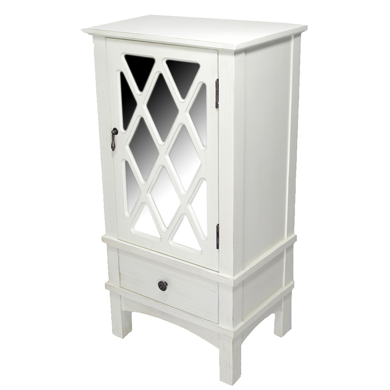 18" X 13" X 36" Antique White MDF Wood Mirrored Glass Accent Cabinet with a Door and a Drawer