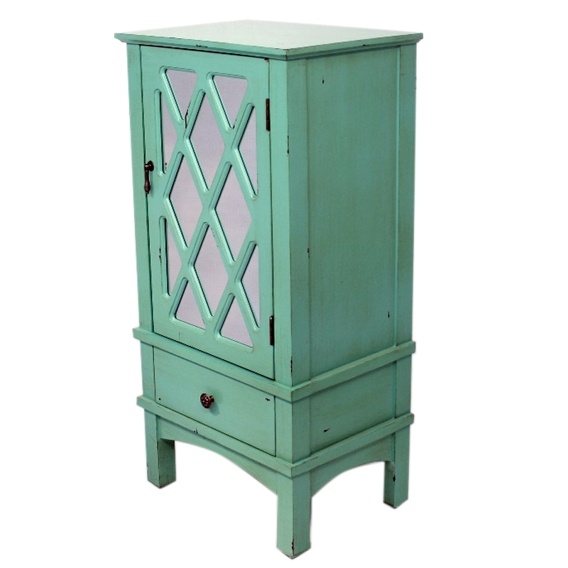 18" X 13" X 36" Turquoise MDF Wood Mirrored Glass Accent Cabinet with a Door and a Drawer