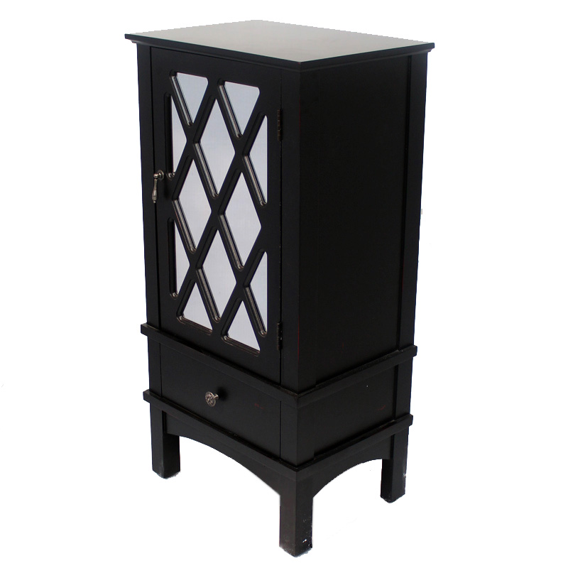 18" X 13" X 36" Black MDF Wood Mirrored Glass Accent Cabinet with a Door and Drawer and Lattice Inserts