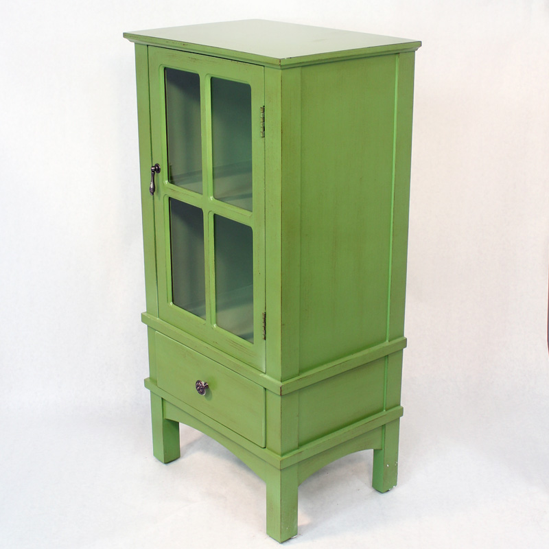 18" X 13" X 36" Green MDF Wood Clear Glass Accent Cabinet with a Door and Drawer and Paned Inserts