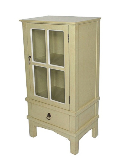 18" X 13" X 36" Beige MDF Wood Clear Glass Accent Cabinet with a Door and Drawer and Paned Inserts