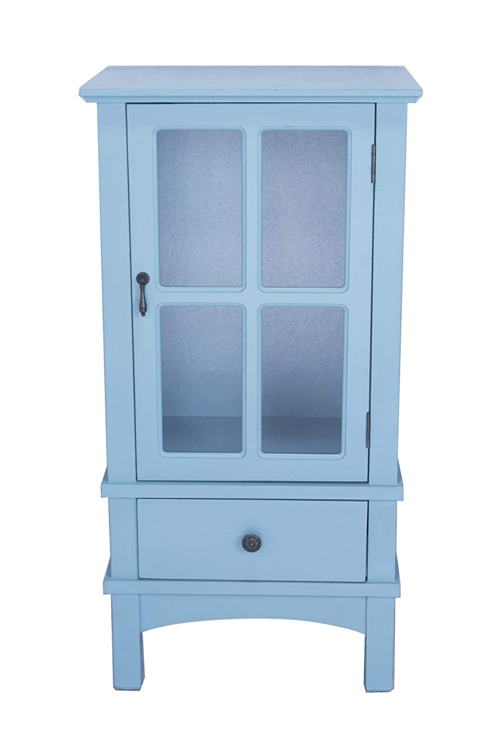 18" X 13" X 36" Aqua MDF Wood Clear Glass Accent Cabinet with a Door and Drawer and Paned Inserts