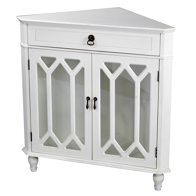 31" X 17" X 32" Antique White MDF Wood Clear Glass Corner Cabinet with a Drawer and Doors