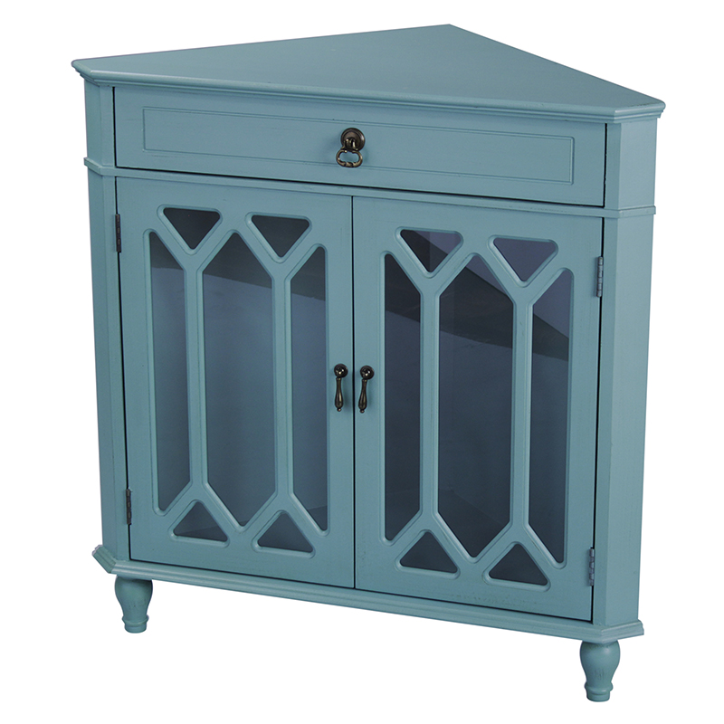 31" X 17" X 32" Turquoise MDF Wood Clear Glass Corner Cabinet with a Drawer and Doors