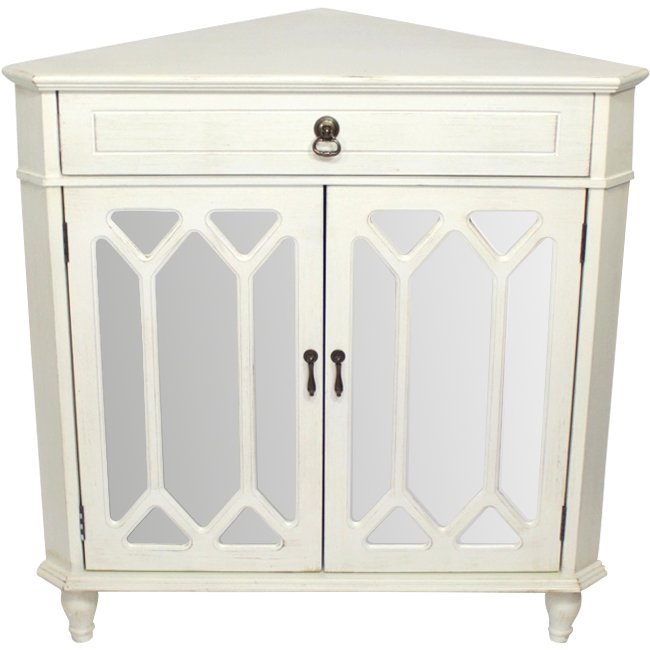 31" X 17" X 32" Antique White MDF Wood Mirrored Glass Corner Cabinet with a Drawer Doors and Hexagonal Inserts