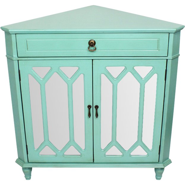 31" X 17" X 32" Turquoise MDF Wood Mirrored Glass Corner Cabinet with a Drawer and Doors