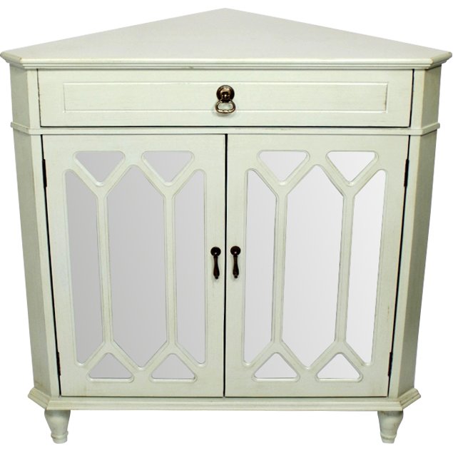 31" X 17" X 32" Light Sage MDF Wood Mirrored Glass Corner Cabinet with a Drawer and Doors