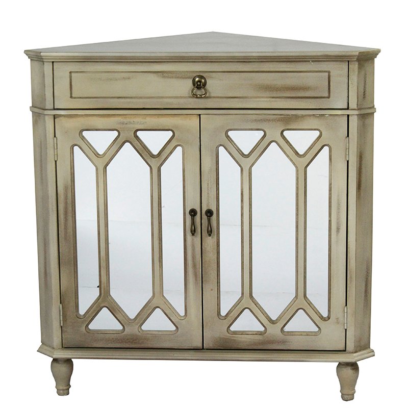 31" X 17" X 32" Taupe Wash MDF Wood Mirrored Glass Corner Cabinet with a Drawer and Doors