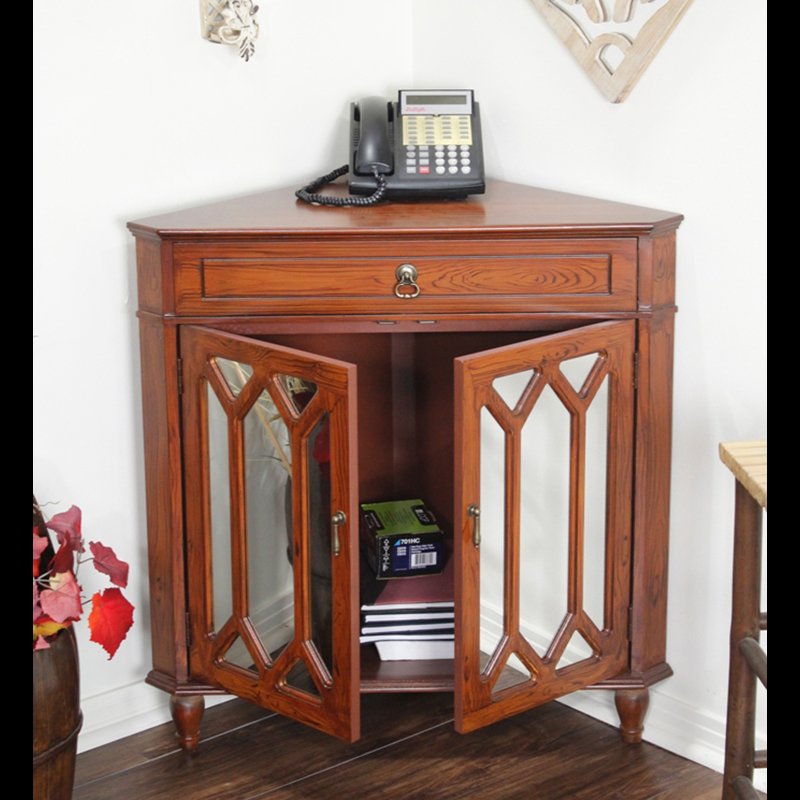 31" X 17" X 32" Mahogany Veneer MDF Wood Mirrored Glass Corner Cabinet with a Drawer and Doors