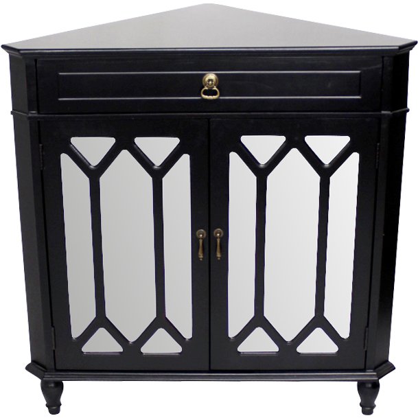 31" X 17" X 32" Black MDF Wood Mirrored Glass Corner Cabinet with a Drawer Doors and Hexagonal Inserts