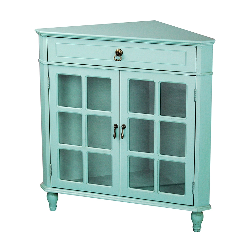 Turquoise MDF Wood Clear Glass Corner Cabinet with a Drawer Doors and Paned Inserts
