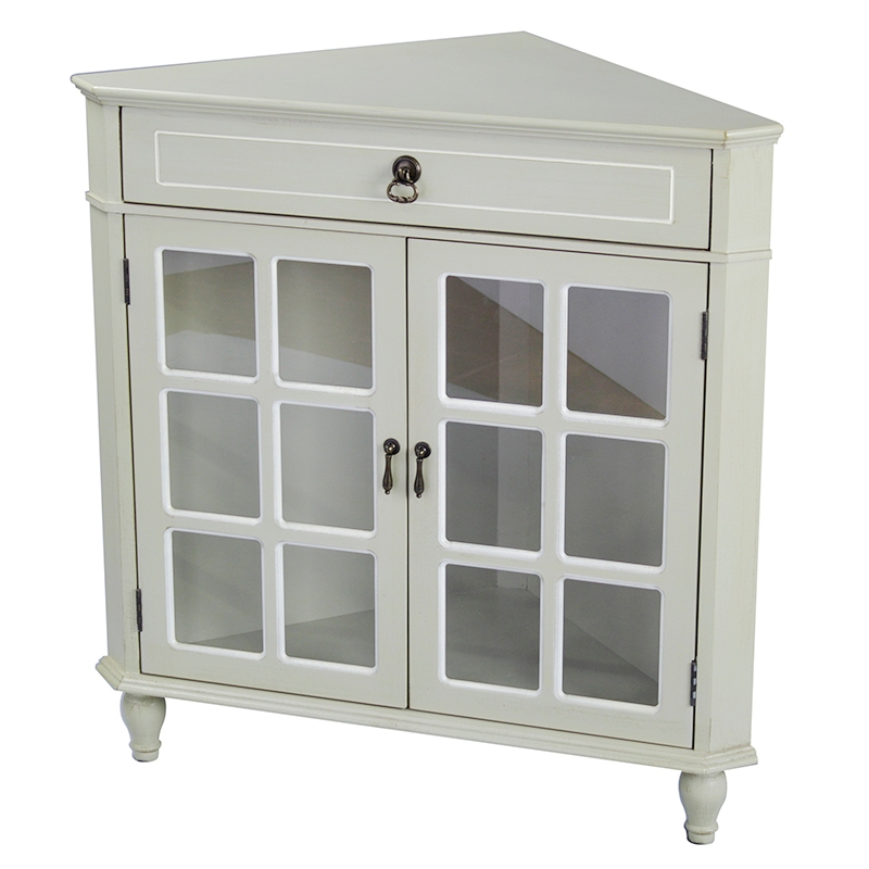 31" X 17" X 32" Beige MDF Wood Clear Glass Corner Cabinet with a Drawer Doors and Paned Inserts