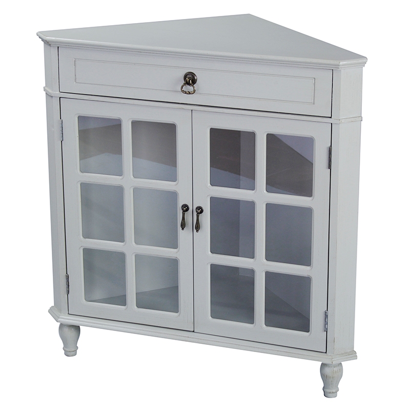 31" X 17" X 32" Light Sage MDF Wood Clear Glass Corner Cabinet with a Drawer and Doors