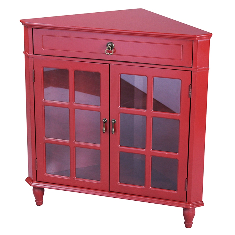 31" X 17" X 32" Red MDF Wood Clear Glass Corner Cabinet with a Drawer Doors and Paned Inserts