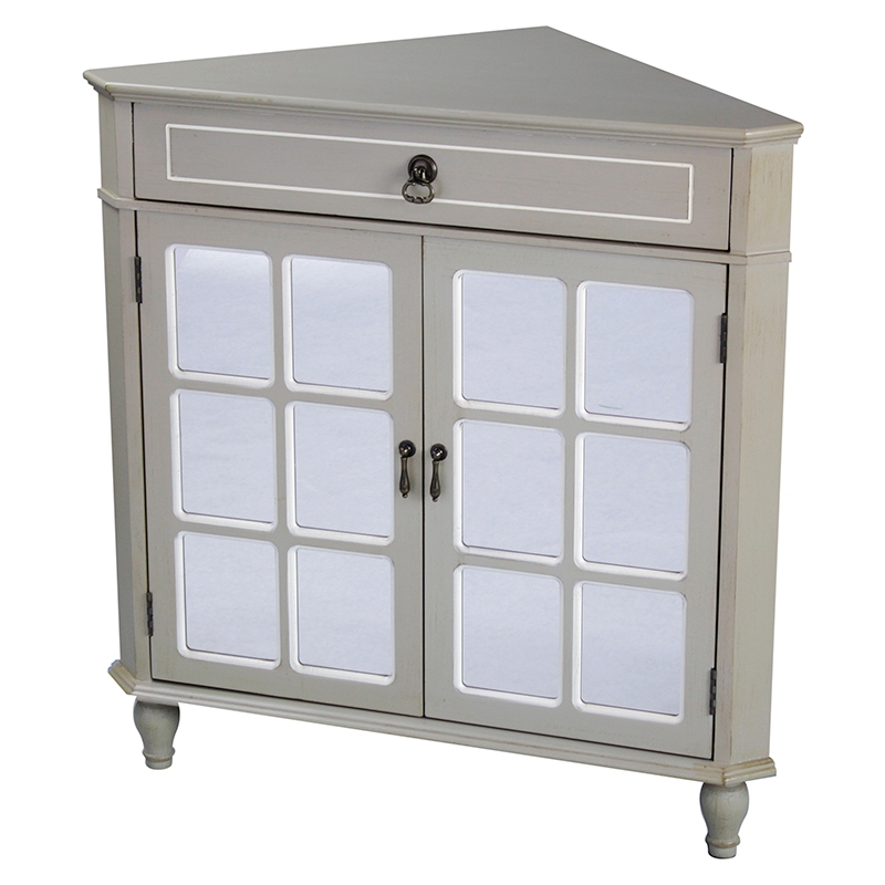 31" X 17" X 32" Taupe MDF Wood Mirrored Glass Corner Cabinet with a Drawer and Doors