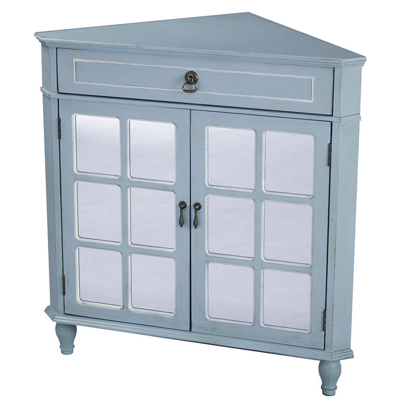 31" X 17" X 32" Light Blue MDF Wood Mirrored Glass Corner Cabinet with a Drawer and Doors