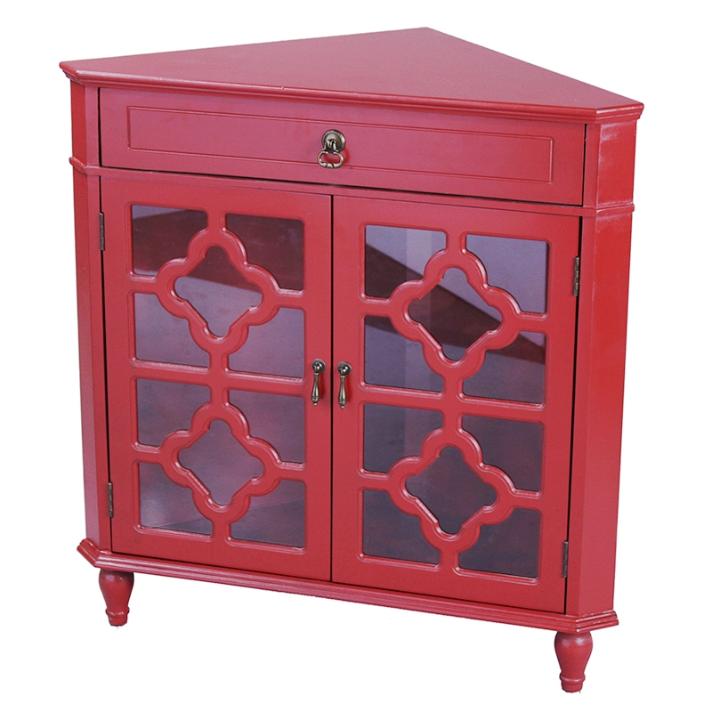Red MDF Wood Clear Glass Corner Cabinet with a Drawer and Doors