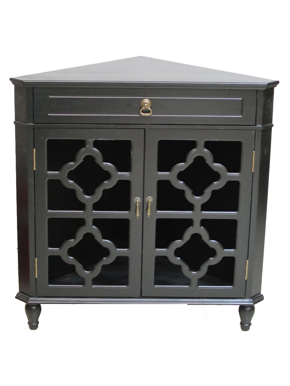 Black MDF Wood Clear Glass Corner Cabinet with a Drawer and Doors
