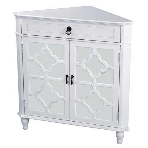 31" X 17" X 32" Antique White MDF Wood Mirrored Glass Corner Cabinet with a Drawer and Doors