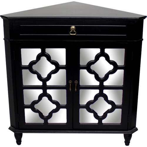 Black MDF Wood Mirrored Glass Corner Cabinet with a Drawer and Doors
