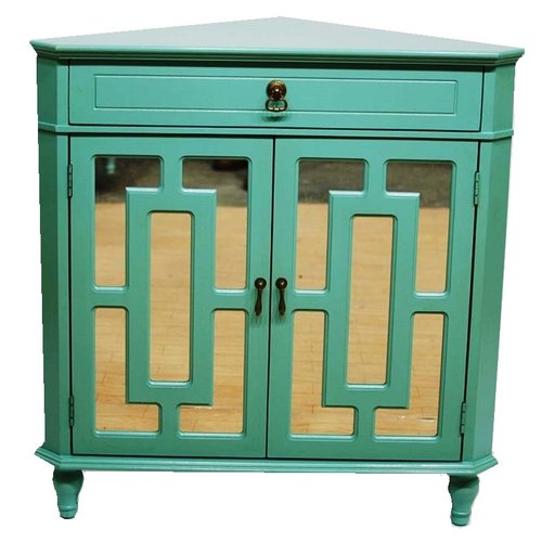 Turquoise MDF Wood Mirrored Glass Corner Cabinet with a Drawer and Doors