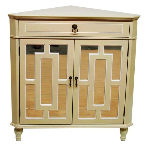 Beige MDF Wood Mirrored Glass Corner Cabinet with a Drawer and Doors