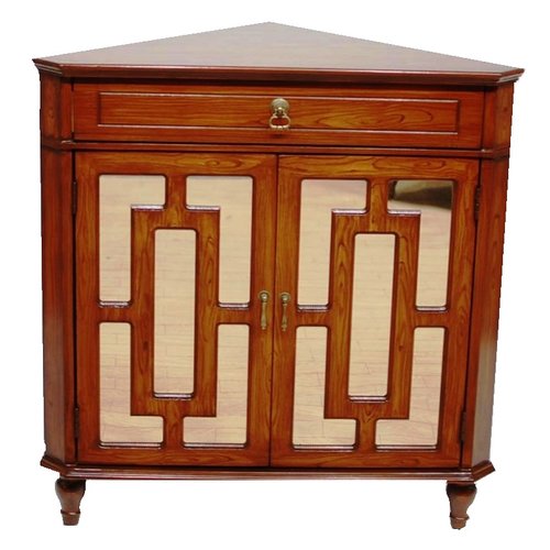 Mahogany Veneer MDF Wood Mirrored Glass Corner Cabinet with a Drawer and Doors