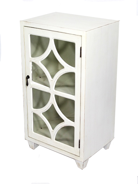 16.75" X 12.6" X 31" Antique White MDF Wood Clear Glass Accent Cabinet with a Door and Concave Diamond Inserts