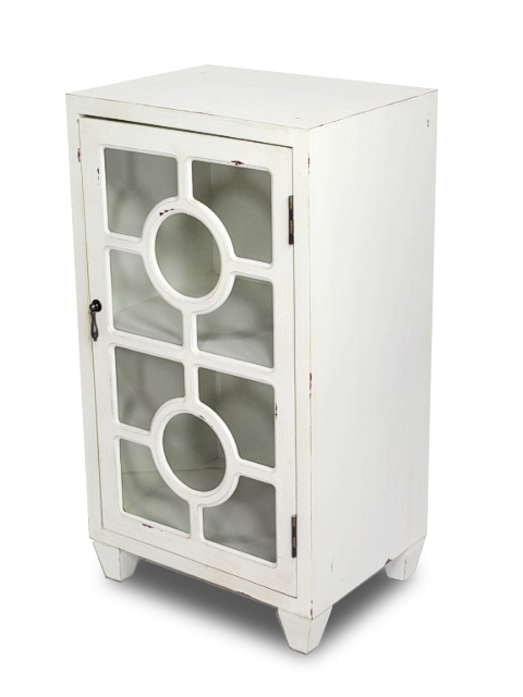 16.75" X 12.6" X 31" Antique White MDF Wood Clear Glass Accent Cabinet with a Door and Lattice Inserts