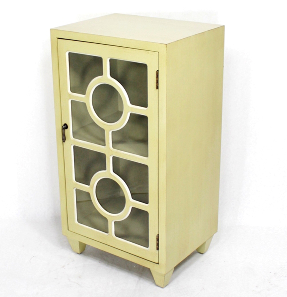 16.75" X 12.6" X 31" Beige MDF Wood Clear Glass Accent Cabinet with a Door and Lattice Inserts