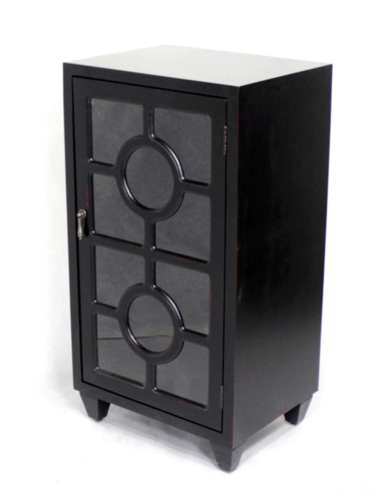 16.75" X 12.6" X 31" Black MDF Wood Clear Glass Accent Cabinet with a Door and Lattice Inserts