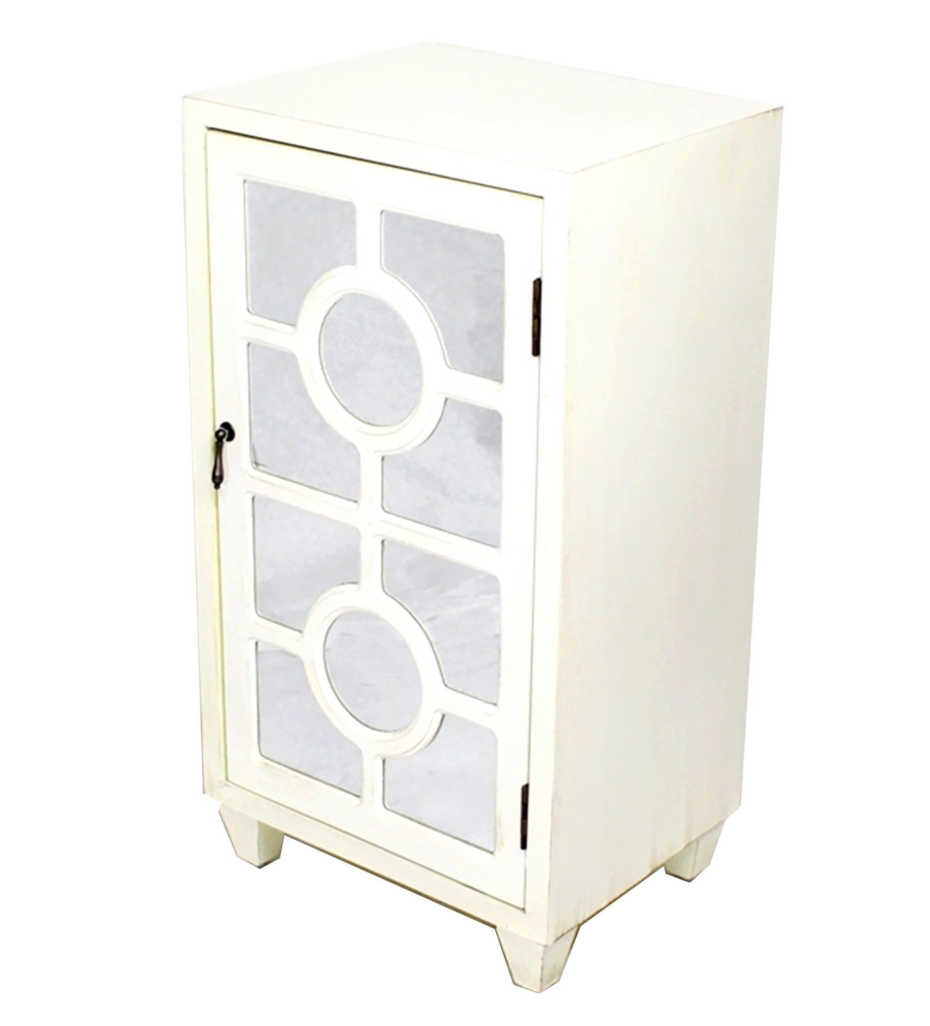 16.75" X 12.6" X 31" Antique White MDF Wood Mirrored Glass Accent Cabinet with a Door and Lattice Inserts