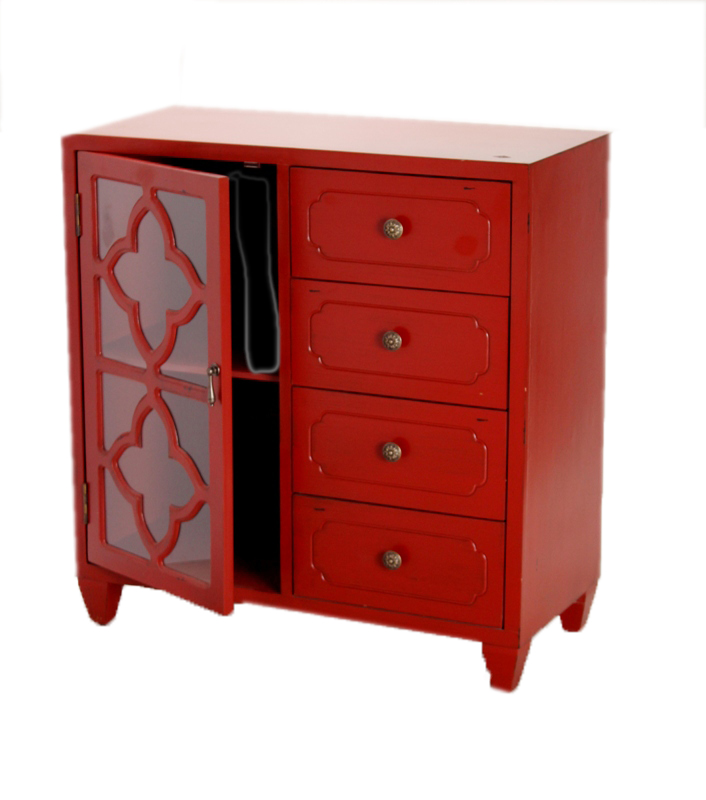 29.5" X 14" X 30.75" Red MDF Wood Clear Glass Sideboard with a Door and Drawers