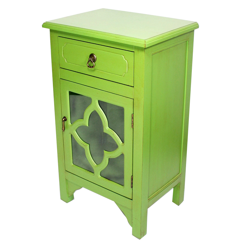 18" X 13" X 30" Green MDF Wood Clear Glass Accent Cabinet with a Drawer and Door and Quatrefoil Inserts