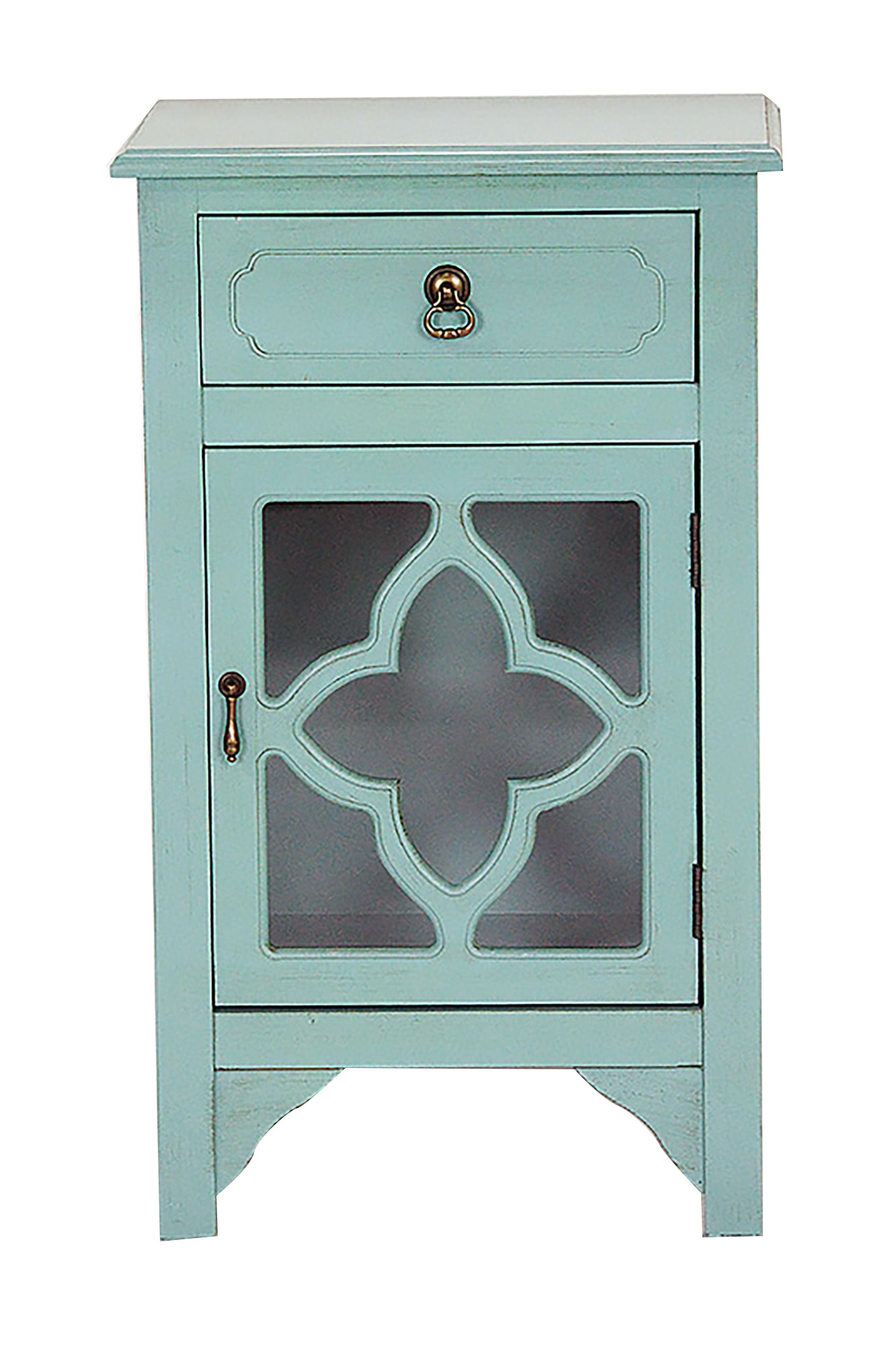 18" X 13" X 30" Turquoise MDF Wood Clear Glass Accent Cabinet with a Drawer and Door and Mirror Inserts